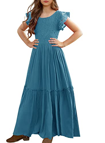 Image of MITILLY Girls Lace Flower Wedding Guest Long Maxi Dress for 6-12 Years | Girls Boho Dress, Girls' Special Occasion Dresses, Wedding Party, Size 6-12 Years, Ruffle Sleeve, A Line, With Pockets