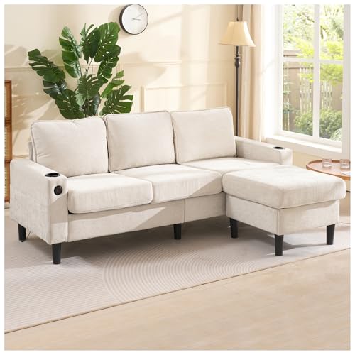Wyibwy Sofá de esquina moderno, sofá modular, sofá de 3 o 4 plazas, sofás y sillones acolchados con puertos USB y C, con 2 portavasos, sofá en L, tejido de lino, 202 x 137 x 80 cm (beige)