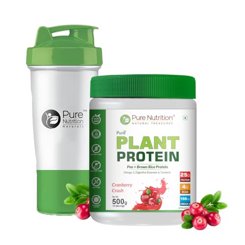 Image of Pure Nutrition Plant Protein Powder for Men, Women (Cranberry Crush) - 500g, With Shaker (650ml) | Pea & Brown Rice Protein with Omega3, BCAA & Digestive Enzymes | Muscle Growth & Strength