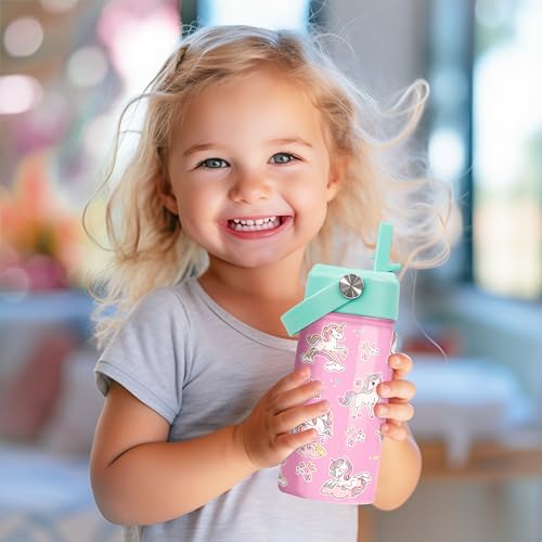 Image of SANDJEST Unicorn Water Bottle - Kids Water Bottle with Straw Lid - 12 Oz Insulated Stainless Steel Water Bottles for Kid Girls - Travel Cup for School Sports