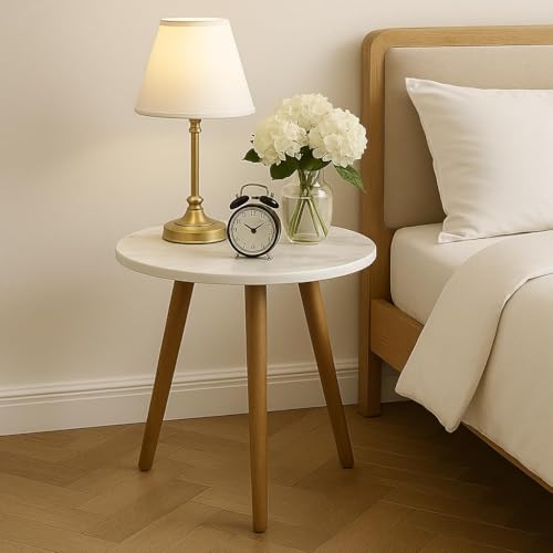 Image of BROWN ART SHOPPEE Coffee Table Faux Marble Design Table Side Table, Round Solid Wood End Table Coffee Table Flower Stand Sofa Side For Living Room Balcony Furniture Decor Corner table-15x15x18 (White)