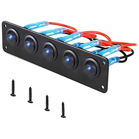 VonSom 12V Rocker Switch Panel Circuit Breaker Waterproof 5 Gang 3 Pin On/Off Toggle LED Switches for RV Marine Car Vehicle Trailer Truck SUV Boat RV Ship DC 12V/24V 20A Cover