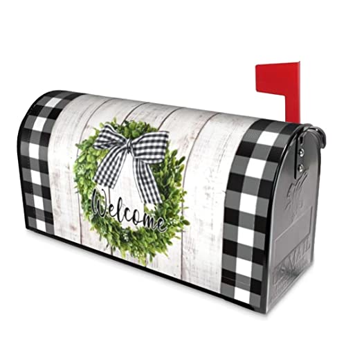 Spring Welcome Mailbox Cover Magnetic Standard Size 18" X 21", Wood Buffalo Plaid Wreath Mailbox Wraps Post Letter Box Cover Garden Yard Outdoor Decorations #TOP1
