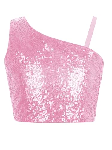 renvena Girls Sequin Crop Top Kids Off Shoulder Sparkly Pageant Prom Party Glitter Tank Tops