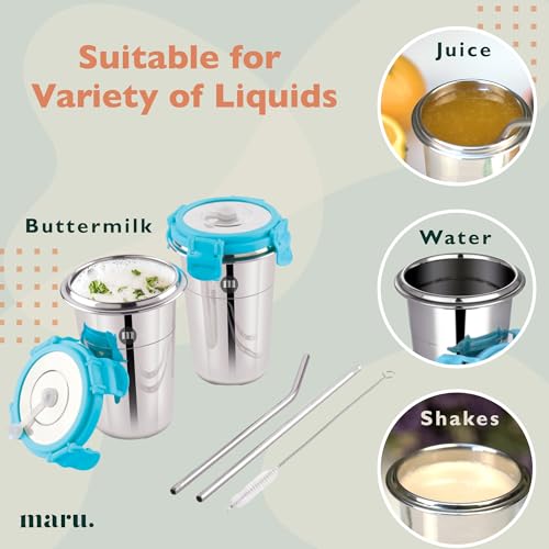 Image of MARU Stainless Steel Tumbler 400ml with Lid, Reusable Straw & Cleaning Brush - Durable, Leakproof & Portable Drinking Cup - Ideal for Travel, Office & Home (Blue Set of 1)