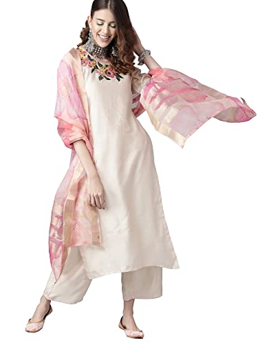 Image of INDO ERA Viscose Women's Liva Embroidered Straight A-Line Flared Kurta Palazzo With Dupatta Set(21Aaaaaaa1831)