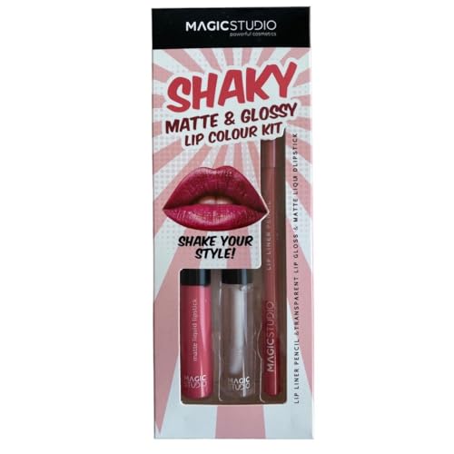 Magic Studio Shaky Matte & Glossy Lip Colour Kit Lip Liner Pencil & Transparent Lip Gloss & Liquid Matte Lip Color