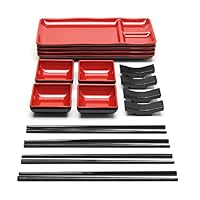 Goliber Servizio Piatti Giapponese per Sushi in Melamina(16 pcs) - Include 4 Piatti di Sushi, 4 Ciotoline Per Salse, 4 Set Bacchette Giapponesi e 4 Porta Bacchette - Servizio Giapponese (Rosso)