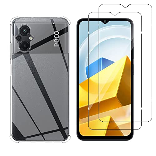 Yanwom [1+2 Pack Compatible con Xiaomi Poco M5 4G Funda + Cristal Templado, Slim Suave TPU Silicona Case, Anti-Choques Carcasa, Anti-Arañazos Sin Burbujas 9H Dureza Protector de Pantalla Cover