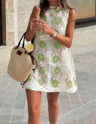 Image of Womens Summer Floral Print Mini Dress Romantic Sleeveless Shift Short Dress Vacation Fairy Dresses