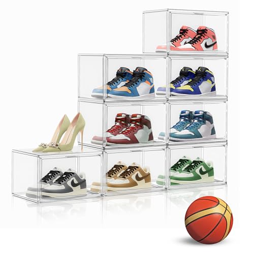 EDS FAM 10 Pack Upgraded Shoe Storage Organizer Clear Plastic Stackable Box with Magnetic Door Sturdy Shoe Containers for Sneaker Display Fit Up to US Size 12