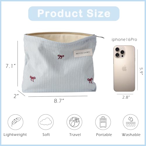 Striped Makeup Bag for Women, Blue Cosmetic Bag with Bow, Travel Toiletry Cosmetic Bag with Zipper, Cute Women Aesthetic Organizer Storage Pouch, Girls Handbags Purses (04 Thin Stripe)4