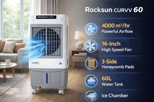 Image of Rocksun Curvv Desert Air Cooler with Honeycomb Pads, 16-Inch Fan, 4000 m /hr Airflow, Auto Swing Louvres, 3-Side Cooling, Powerful 200W Desert Air Cooler for Home & Office (Curvv 60)