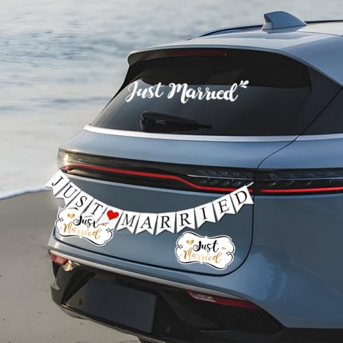 Image of Zpana Just Married Wedding Car Decorations, 2PCS Wedding Day Vehicle Magnets, 1PC Window Decals and Sign Banner, Automotive Tailgate Door Ornate Decer for Honeymoon