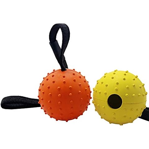 Vivifying Dog Ball on a Rope, 2 Pack Natural Interactive Rubber Ball for Fetch, Catch, Throw and Tug of War (Orange + Yellow) Cover