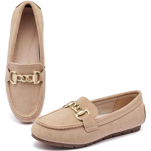 ABEJOJO Women's Loafer Shoes, Comfortable Slip on Casual Flat Penny Shoes for Walking, Driving, Dressy (Beige Suede 8)