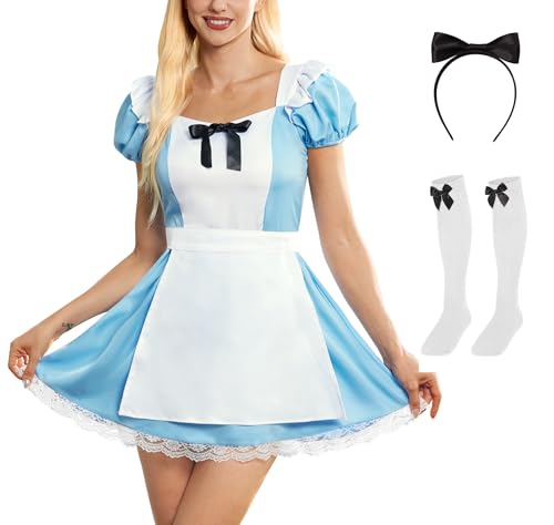 ALIREVERIE Women Halloween Alice Cosplay Princess Dresses Puff Sleeves Apron with Headband Maid Costume Blue M