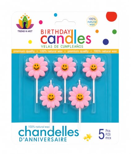 Image of Smiley Flower Birthday Candles for Cake Decoration, Pack of 5, Flower Shape Decorative Cake Candles, Natural Wax Party Candles for Birthday, Anniversary, Baby Shower & Celebration (Pink)