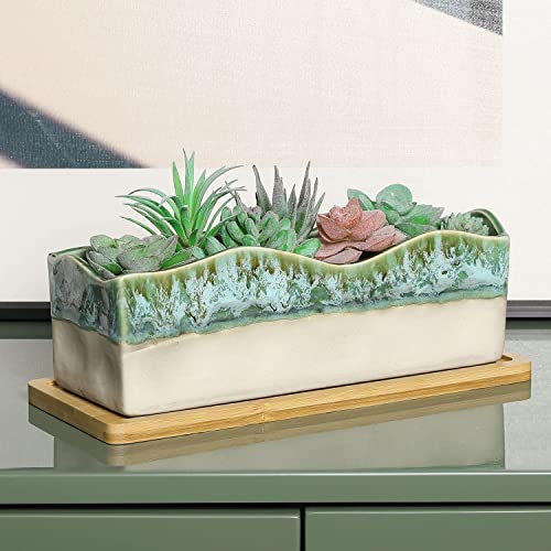 Mygift Rectangular Succulent Planter - Decorative Beige And Green Ceramic Glazed Plant Container Pot With Removable Bamboo Tray #TOP3
