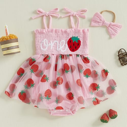 Baby Girl First Birthday Outfit Sleeveless Romper Dress Strawberry Ruffle Tulle Tutu Headband Cake Smash Clothes2