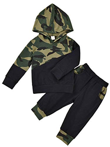Image of Infant Baby Boys Camouflage Hoodie Tops +Long Pants Outfits Set Clothes 0-3Y (6-12 Months, D Black)