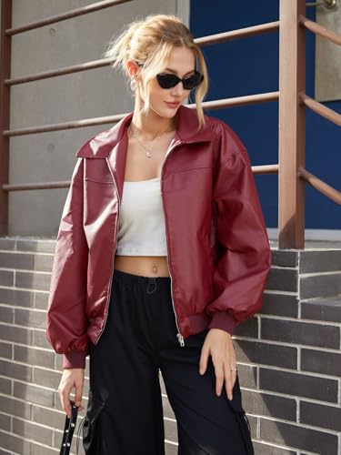 SHENHE Women's Leather Jacket Collared Neck Lantern Sleeve Zip Up Streetwear Motorcycle Bomber Jacket Coat3