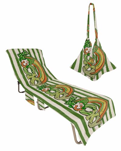 St. Patrick's Day Beach Lounge Chair Towel Cover, Soft Chaise Lounge Towel with Side Pockets Patio Pool Chairs Cover for Beach/Pool Sunbathing 29x85 Green Striped Lucky Gnomes Rainbow