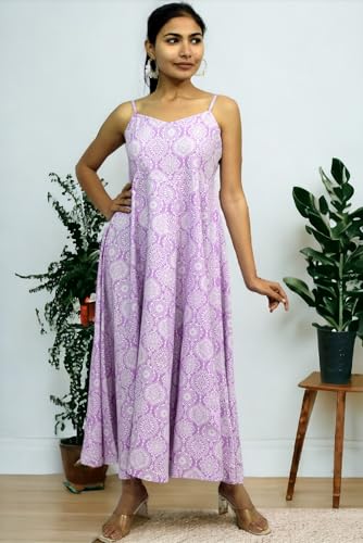 Image of JAIPUR HAND BLOCK Cotton Sleeveless Long Flared A Line Dress|Gown (S00063)