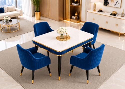 Image of WOODEN SPACE 4 Seater Wooden Dining Table Set | Urban Marble Top Dining Table with Chairs for Dining Room & Kitchen (Modern Zyro Navy Blue) (54 x 36 x 30 inch)