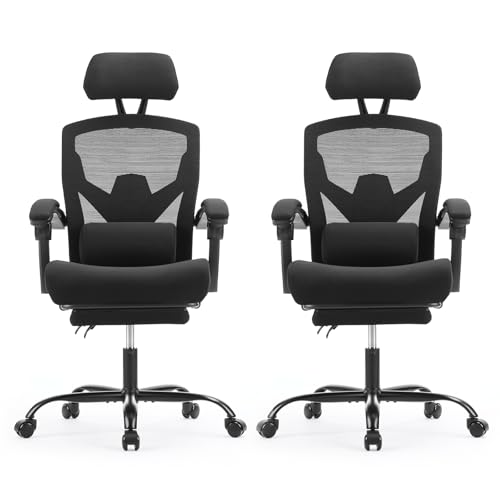 Image of Sweetcrispy Office Computer Desk Chair Set of 2, Ergonomic High-Back Mesh Rolling Work Swivel Chairs with Wheels, Comfortable Lumbar Support, Comfy Arms for Home, Bedroom, Study, Student, Black