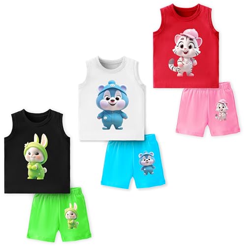 Image of TS LAVI TAVI Baby Cotton Clothing Set | Sleeveless T-Shirt & Shorts Combo | Summer Wear for Boys & Girls | Soft Breathable Fabric | Multicolor Pack of 3