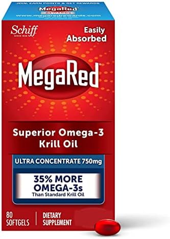 Megared Ultra Strength Krill Oil Omega 3 Supplement, 750mg – EPA & DHA Antioxidant Astaxanthin for Heart Health, 80 Softgels, No Fish Aftertaste