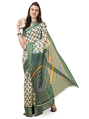 EthnicJunction Women’s Silk Blend Printed Saree With Blouse Piece (EJ7076-Golmaal-Green & Off White_Green)