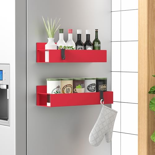 Image of HuggieGems 2 Pack Magnetic Spice Storage Rack Organizer for Refrigerator and Oven, Red Fridge Organizers and Storage | Magnetic Shelves Heavy Duty for Fridge in Kitchen, Seasoning Storage Organizer, For Oven Washer and Dryer, For Heavier Items
