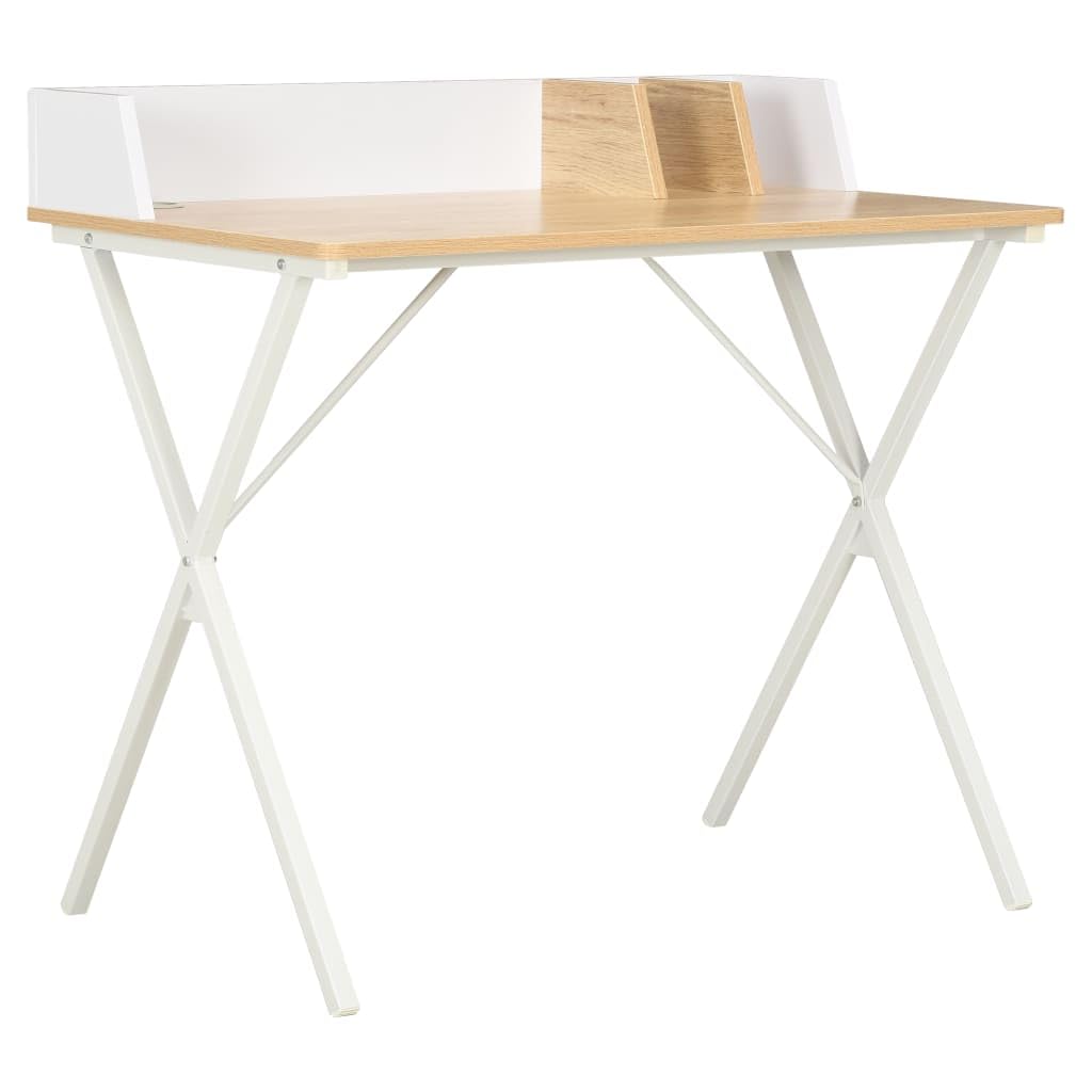 Scrivania da 80 x 50 x 84 cm, scrivania per computer con ripiano e gambe a X, piccola scrivania da ufficio, tavolo da lavoro, tavolo per laptop, per casa e studio, bianco e marrone rovere