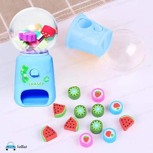 Image of FunBlast Machine Eraser Set - 15 Pcs Fruit Shaped Eraser Dispenser Toy, Mini Kawaii Erasers for Kids, Fancy Erasers for School & Office, Stationery Supplies, Birthday Return Gift for Kids (Blue)