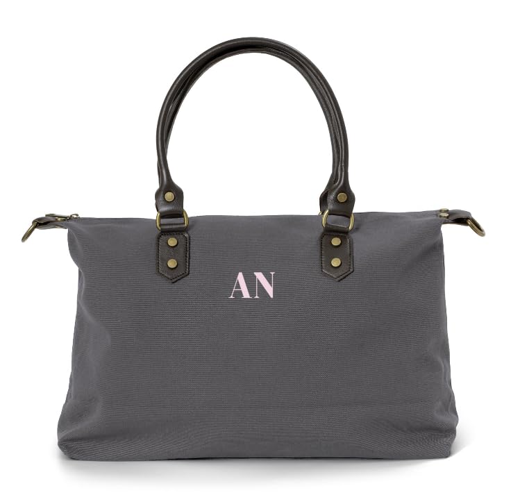 Bolso Leonardo Belorias Gris Personalizable con Iniciales Bordadas, con Asas de Piel Marrón, 47x32 cm, Incluye Correa Marrón