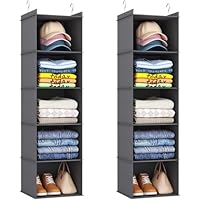 Lifewit 2 Pack Hanging Storage with Metal Hooks, 5 Shelves Foldable Wardrobe Closet Storage Organiser, Fabric Hanging Shelves Organiser for Clothes, Towels, Shoes, Toys