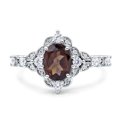 OMRANII Halo Vintage Inspired Art Deco Oval Shaped Natural Chocolate Brown Smoky Quartz Engagement Wedding Ring Cubic Zirconia Stones 925 Sterling Silver