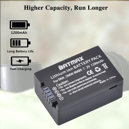 Batmax DMW-BMB9 DMW-BMB9E Akku und Ladegerät Kompatibel mit Panasonic Lumix DMC-FZ40 DMC-FZ47 DMC-FZ60 DMC-FZ62 DMC-FZ70 DMC-FZ72 DMC-FZ100 DMC-FZ150 DMC-FZ45 DC-FZ82