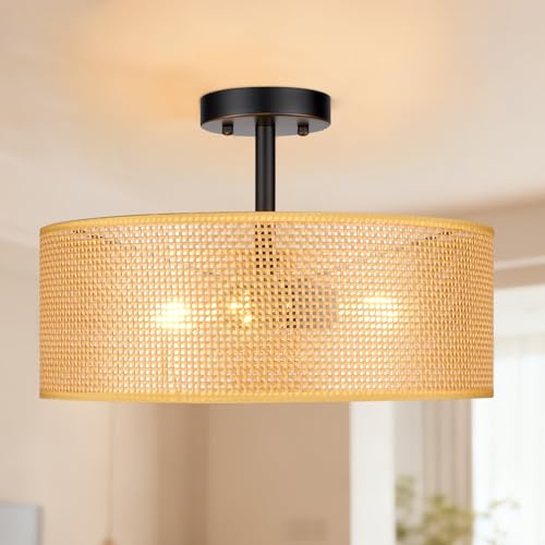 Hamilyeah 16 inch Farmhouse Semi Flush Mount Ceiling Light Fixture Boho Rattan, Woven Drum Light Fixture Ceiling Mount for Bedroom, Kitchen, Living Room by Hamilyeah - Used condition - US$35.87