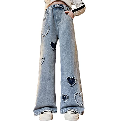Girls' Casual Wide Leg Jeans Heart Print Elastic Waist Baggy Jeans Kids Cute Regular Fit Denim Pants with Pockets