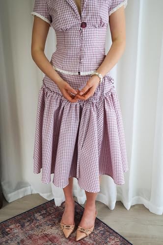 Women Y2K Plaid Midi Skirt Adjustable Tie Up Waist A-Line Gingham Ruffle Skirt Fashion Aesthetic4