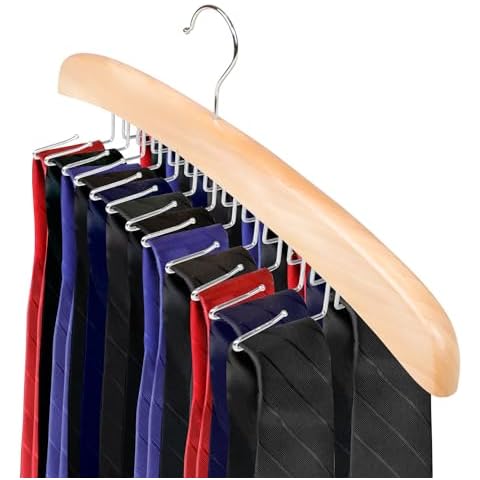 ManGotree Wooden Tie Rack, Tie Hangers for Men, 24 Hooks Tie Organizer for Closet, Belt Organizer, Wooden Hangers, Space Saving Tie Holder for Neckties, Belts, Bra, Tank Tops (Natural) Cover
