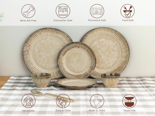 Image of Bodhi House Premium 8-Piece Stoneware Dinner Set Serving for 4 - Handcrafted Ceramic Plates, Bowls & Serving Bowls | Microwave & Dishwasher Safe | Elegant Modern Tableware Crockery Rustic Sand Beige