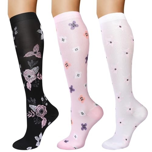 DiULi Chaussettes de Compression Progressives Hautes pour Femme et Fille, 3 Paires Chaussettes Hautes de Compression, Confort Respirant pour Travail, Sport et Usage Quotidien, Motif-L/XL