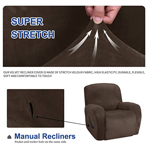 XINEAGE 4 Pieces Velvet Recliner Slipcover Stretch Recliner Chair Cover with Side Pocket Anti-Slip Fitted Recliner Cover Couch Furniture Protector with Elastic Bottom (Recliner - Image 4