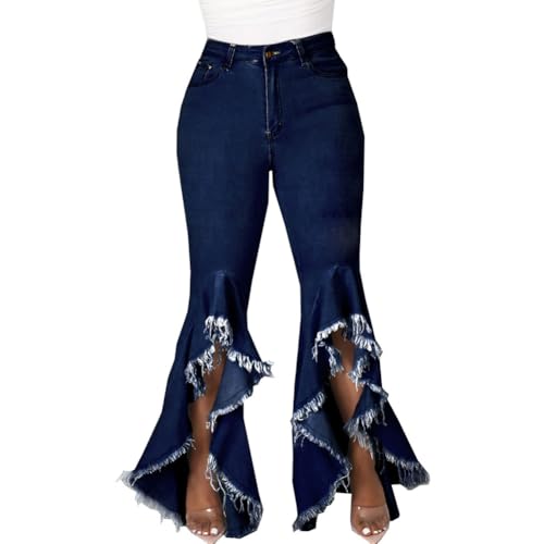 Curvy Jeans for Women Stretchy High Rise Streetwear Frayed Hem Bell Bottom Flare Jeans2