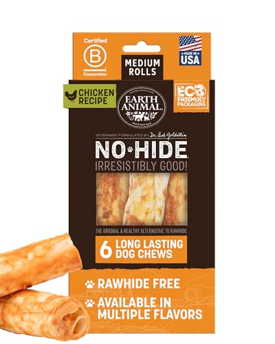 Earth Animal No Hide Medium Chicken Flavored Natural Rawhide Free Dog Chews Long Lasting Chew Sticks | Treats for Large Dogs | Great for Aggressive Chewers - 6 Count