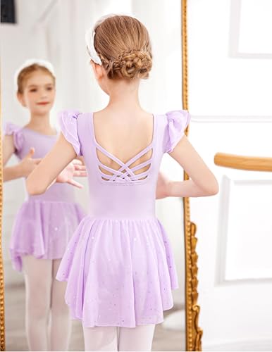 Image of Arshiner Girls Shiny Ruffle Sleeve Ballet Leotard with Skirt Criss-Cross Back Dance Dresses